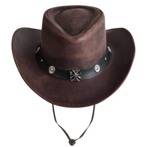 Iron Cross Ranger - Distressed Mahogany Leather Cowboy Hat with Gothic Metal Band - for Men & Women
