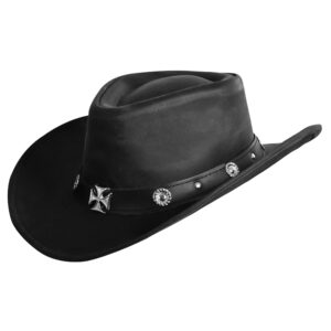 Iron Cross Outlaw - Premium Matte Black Leather Cowboy Hat with Gothic Metal Accents - for Men & Women