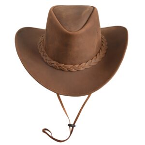 Ridge Rider - Tobacco Brown Premium Matte Leather Cowboy Hat with Chunky Braid Band - for Men & Women