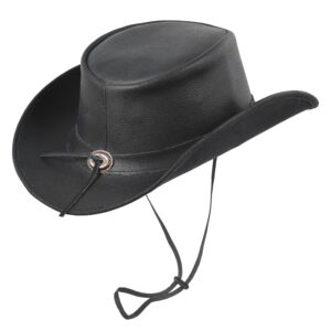 Black Bull - Textured Grain Leather Outback Bush Hat with Rope Concho Accent - for Men & Women
